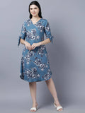 Myshka Women Teal Blue Grey Printed A-line Dress | Grocsy