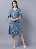 Myshka Women Teal Blue Grey Printed A-line Dress | Grocsy