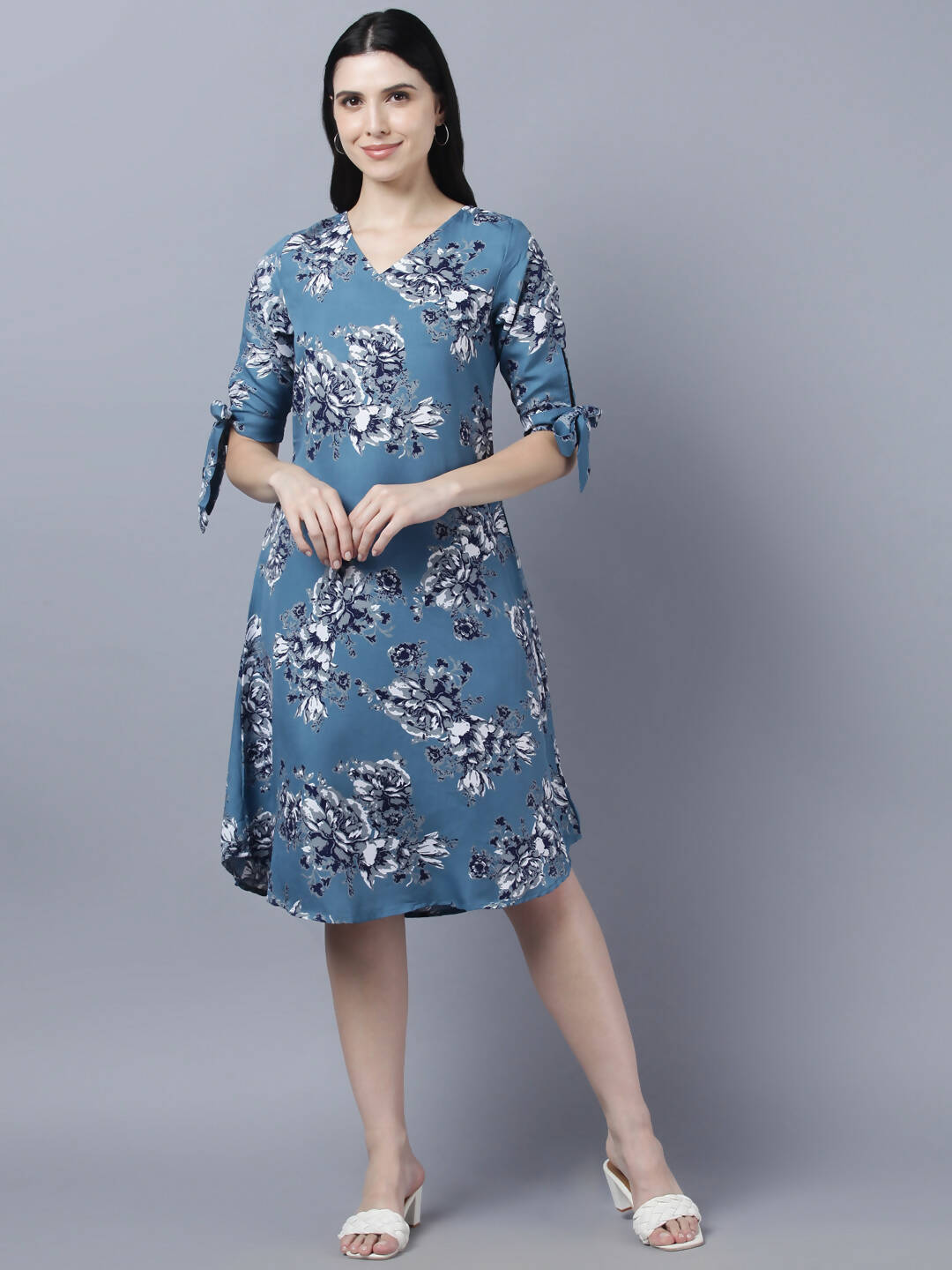 Myshka Women Teal Blue Grey Printed A-line Dress | Grocsy