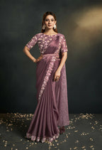 Dusty Pink Silk Satin Crepe Cord Sequence & Thread Embroidered & Moti Work Saree - Moh-Manthan Royal Enigma | Grocsy