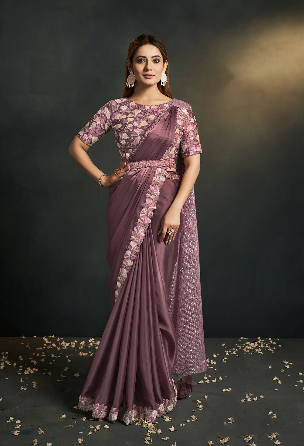 Dusty Pink Silk Satin Crepe Cord Sequence & Thread Embroidered & Moti Work Saree - Moh-Manthan Royal Enigma | Grocsy