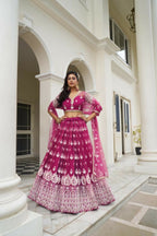 Aastha Fashion Dark Pink Butterfly Net White Cotton Thread Work And Sequence Work Embroidery Wedding Wear Lehenga Choli | Grocsy