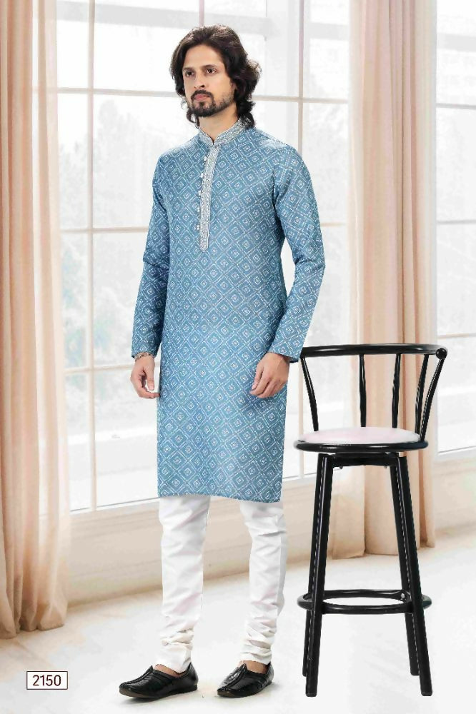 Raivat Ethnic Cotton Thread Work Kurta Pajama In Blue Colour | Grocsy