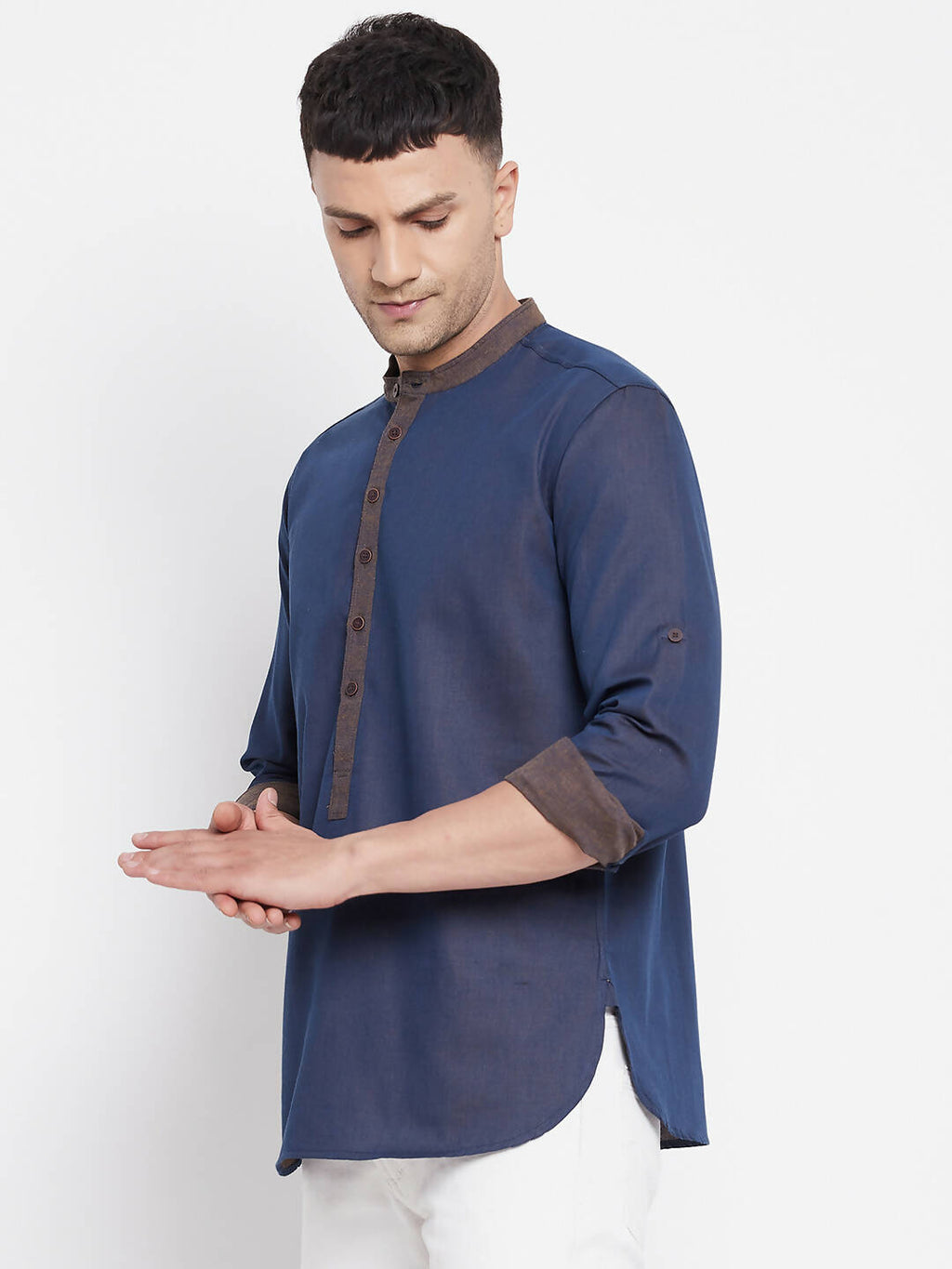 Even Apparels Pure Cotton Blue Men's Kurta With Band Collar | Grocsy
