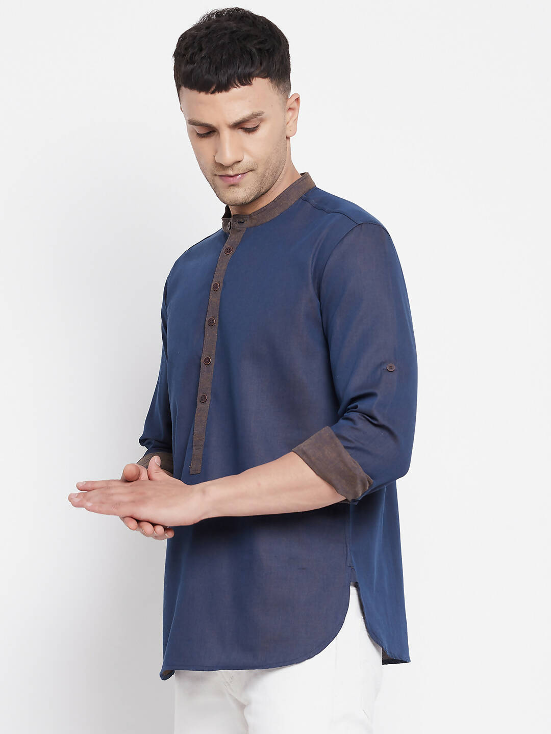 Even Apparels Pure Cotton Blue Men's Kurta With Band Collar | Grocsy