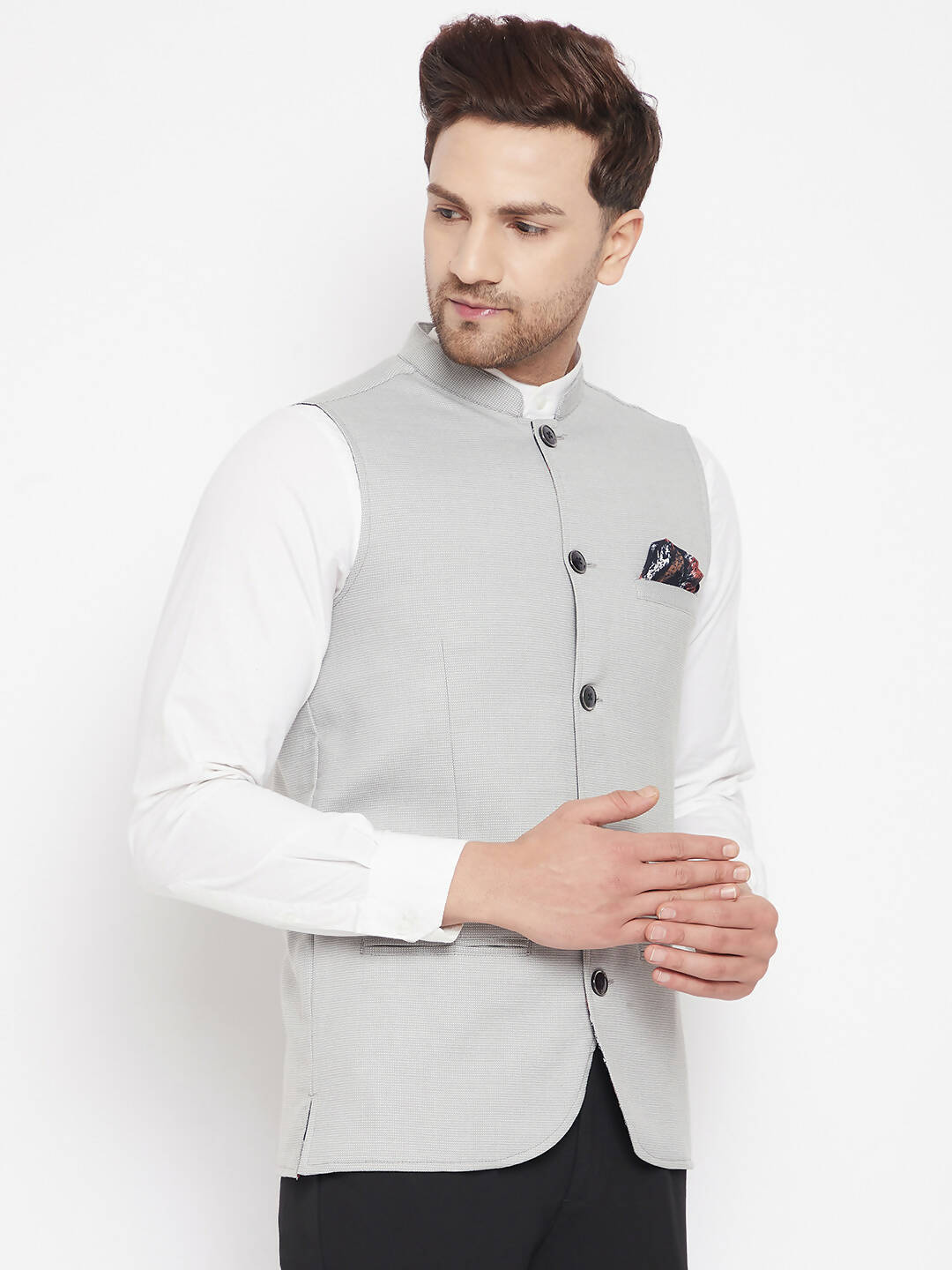 Even Apparels Grey Merino Men's Nehru Jacket-Contrast Lining-Free Pocket Square | Grocsy