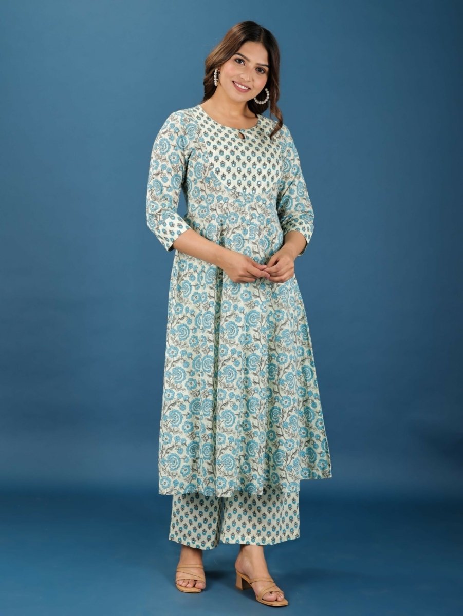 Aramya Anarkali Soft Cotton Floral Print Women's Kurta Set - Off White | Grocsy
