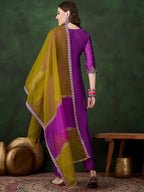 Sangria Embroidered Straight Kurta & Trousers With Dupatta | Grocsy