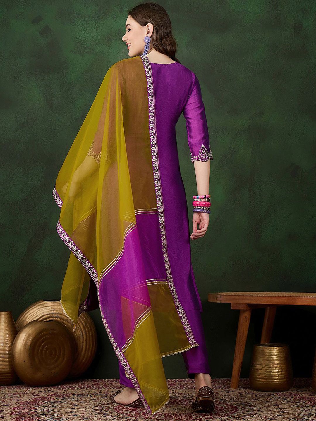 Sangria Embroidered Straight Kurta & Trousers With Dupatta | Grocsy