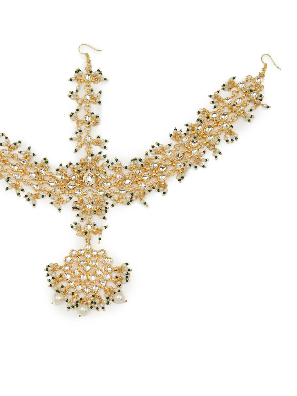 Gold-Polished White Green Kundan-Studded Pearl Beaded Matha Patti - Ruby Raang | Grocsy