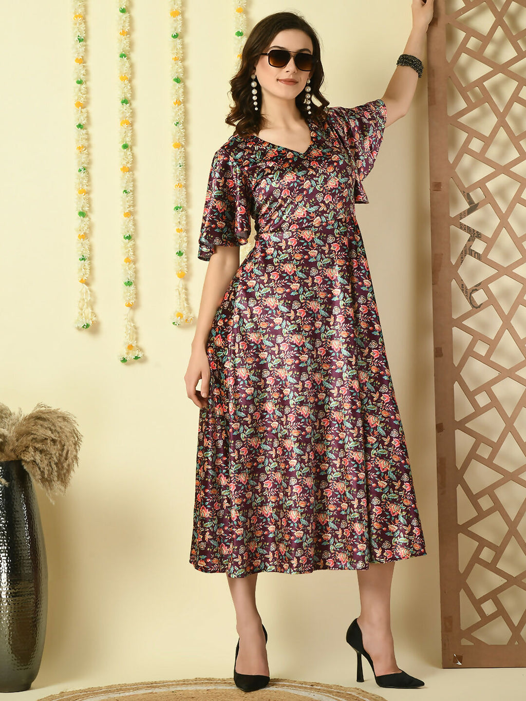 Myshka Women's Multi Printed Velvet Party Dress | Grocsy