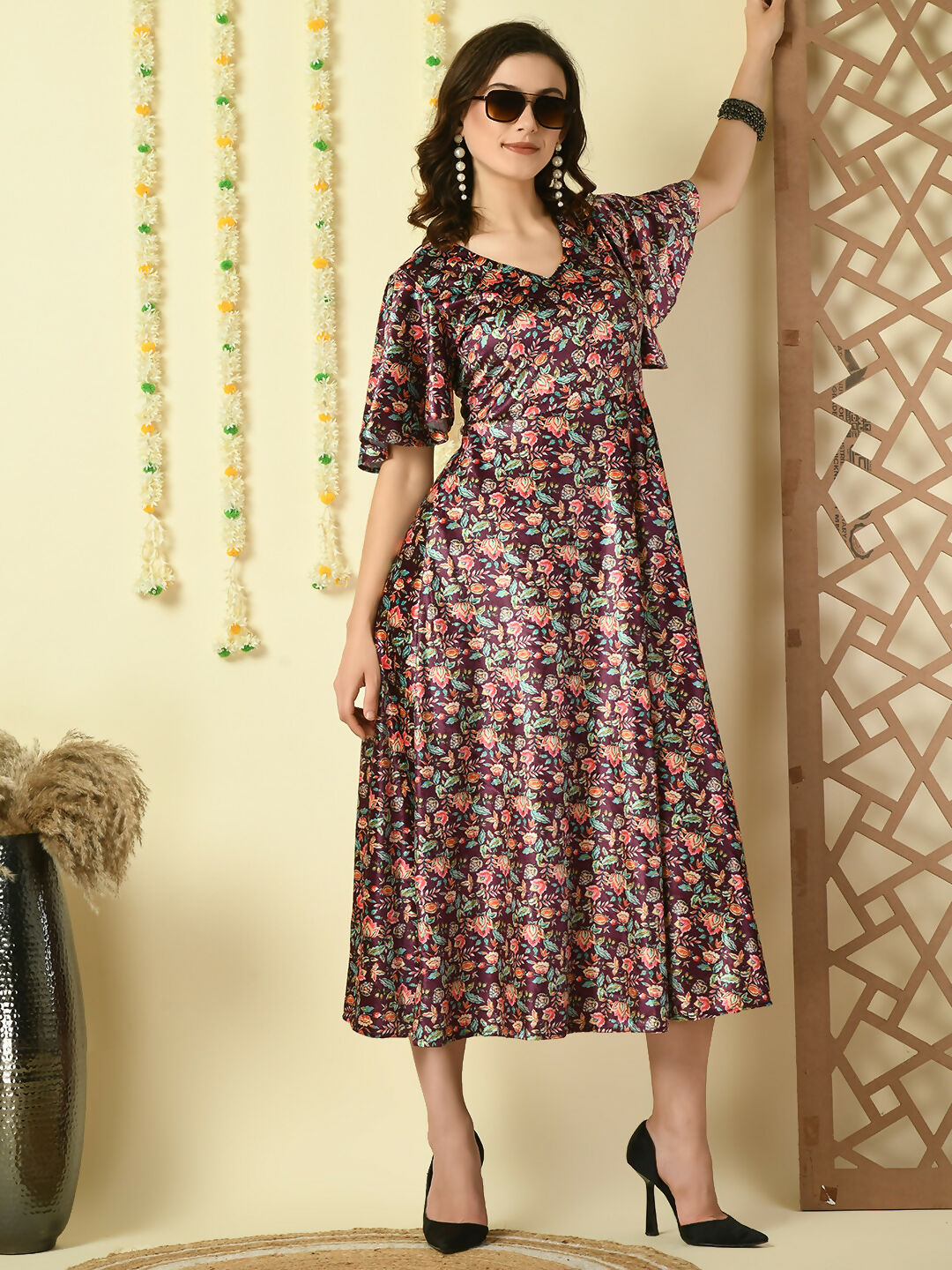 Myshka Women's Multi Printed Velvet Party Dress | Grocsy