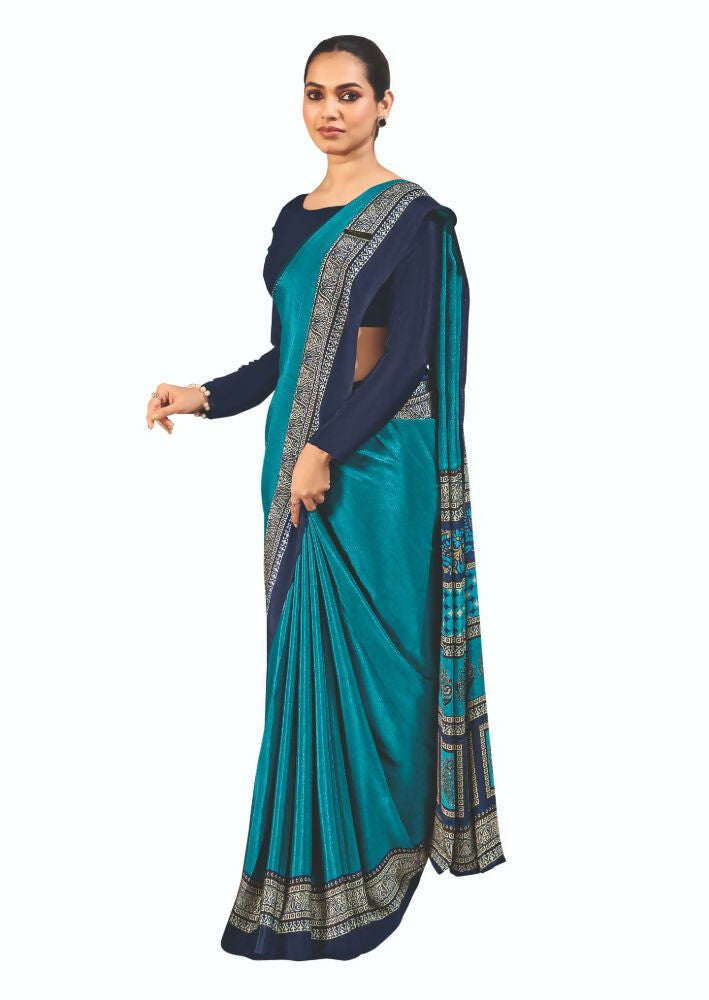 Joban Fashion Blue Crepe Silk with Traditional Print Saree | Grocsy