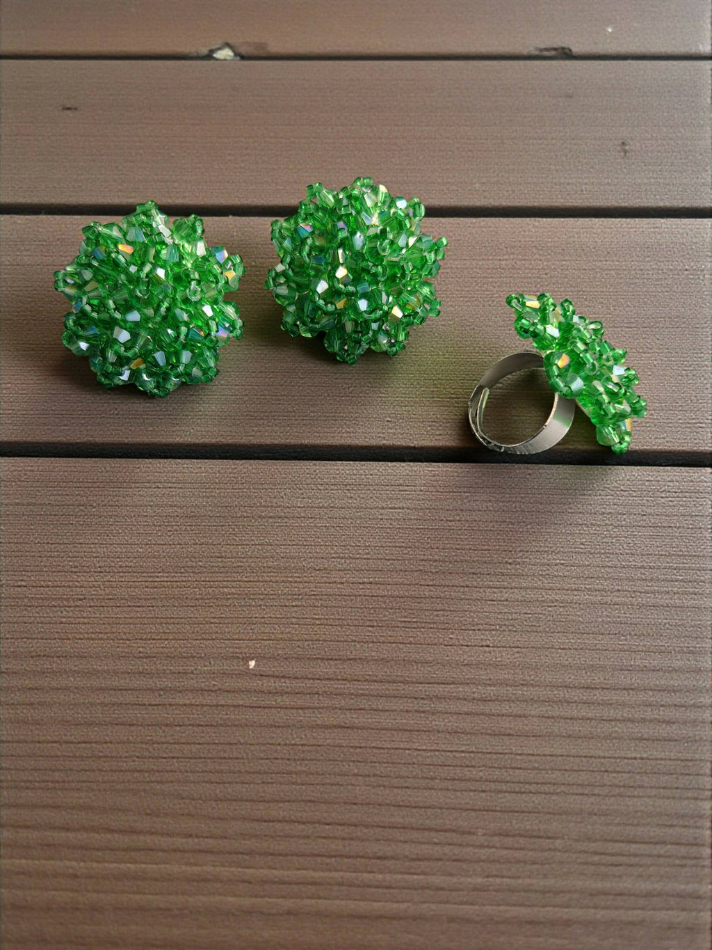 Inhanns Rangmani Crystal Duo – Adjustable Ring + Statement Earrings Set - Pista Green | Grocsy
