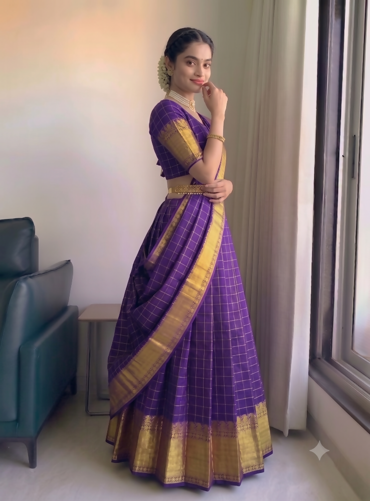 Teeya Creation Royal Purple Checkered Silk Lehenga Choli with Rich Gold Zari Border | Grocsy