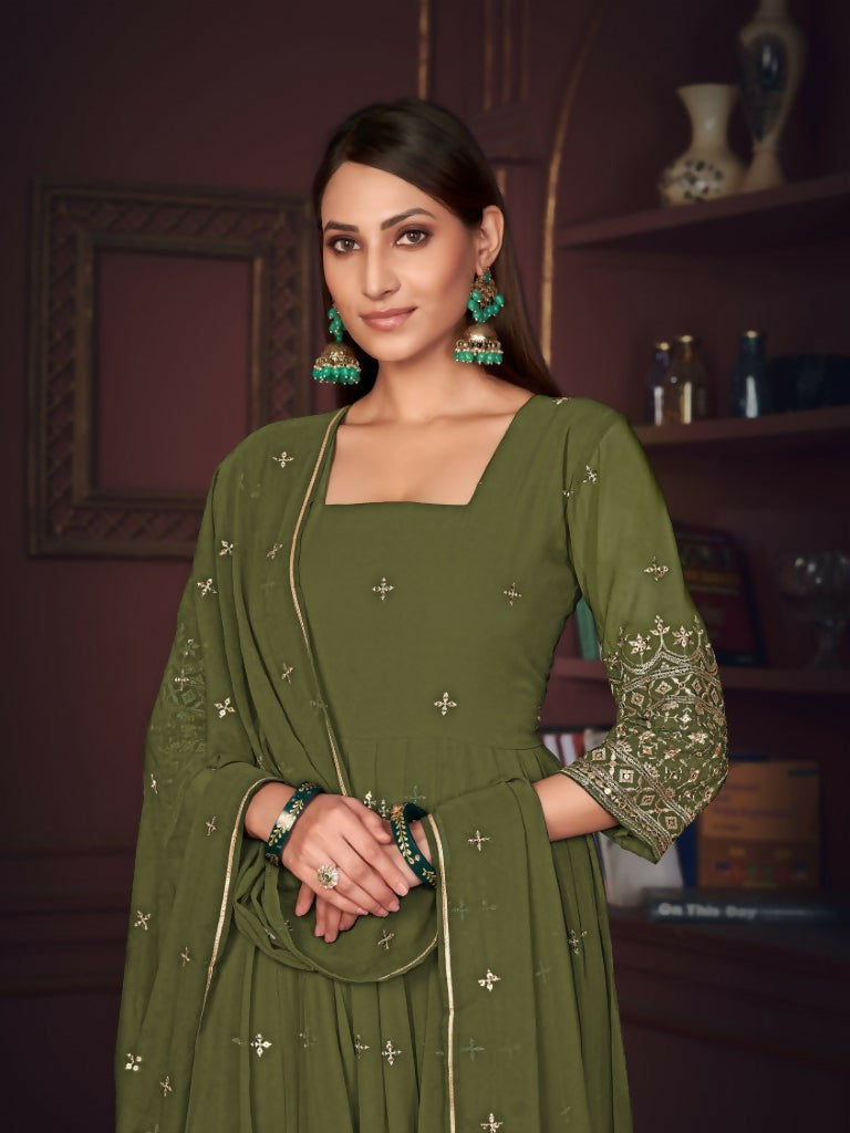 Jyoti Fashion Women's Olive Green Georgette Embroidered Anarkali Kurta Pant Set With Dupatta | Grocsy