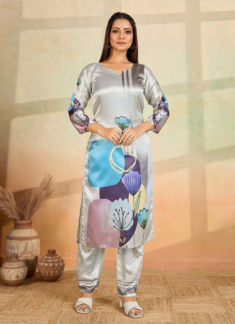 Prazu Fashion Light Grey Printed Cotton Reyon Kurta Pant Set | Grocsy