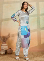 Prazu Fashion Light Grey Printed Cotton Reyon Kurta Pant Set | Grocsy