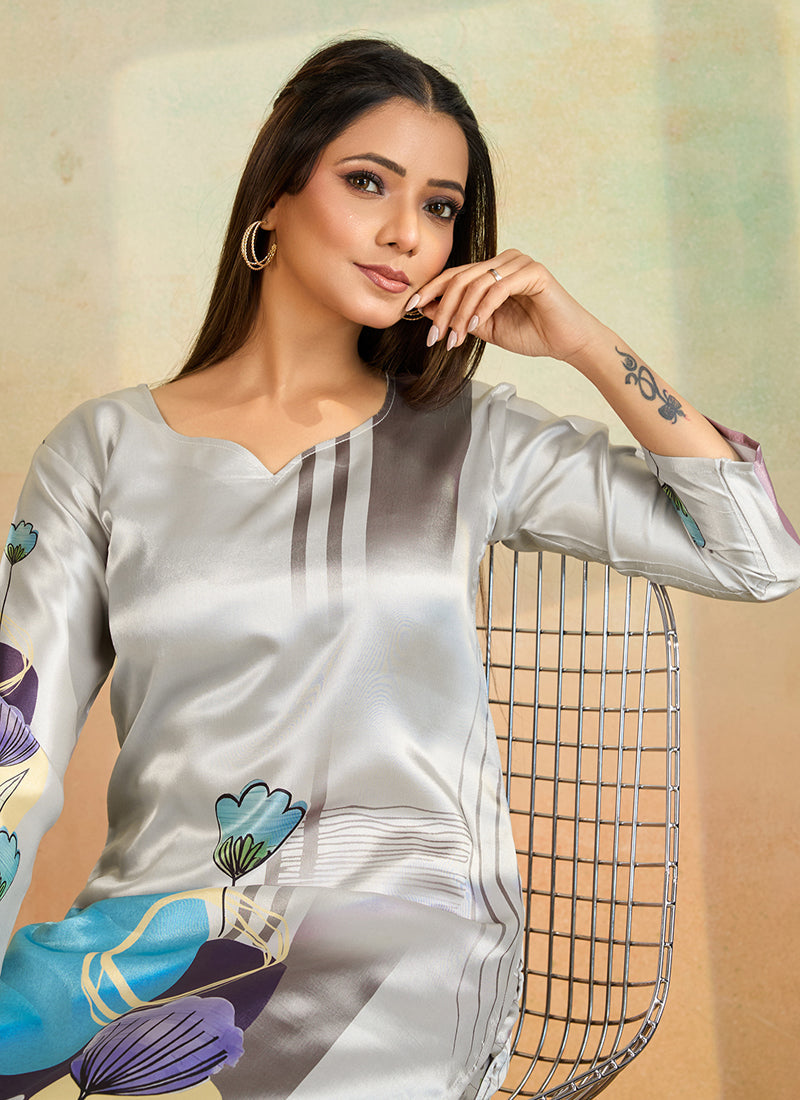 Prazu Fashion Light Grey Printed Cotton Reyon Kurta Pant Set | Grocsy