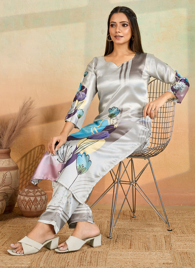 Prazu Fashion Light Grey Printed Cotton Reyon Kurta Pant Set | Grocsy