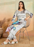 Prazu Fashion Light Grey Printed Cotton Reyon Kurta Pant Set | Grocsy