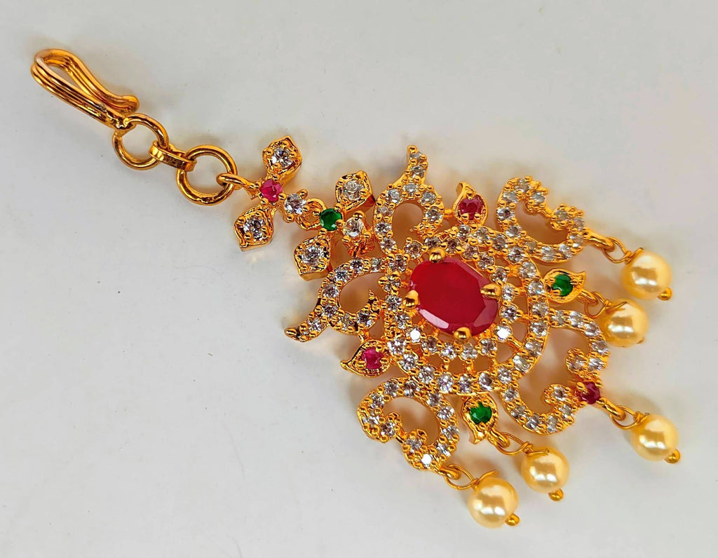 Multicolor AD Ruby Short Length Maang Tikka | Grocsy