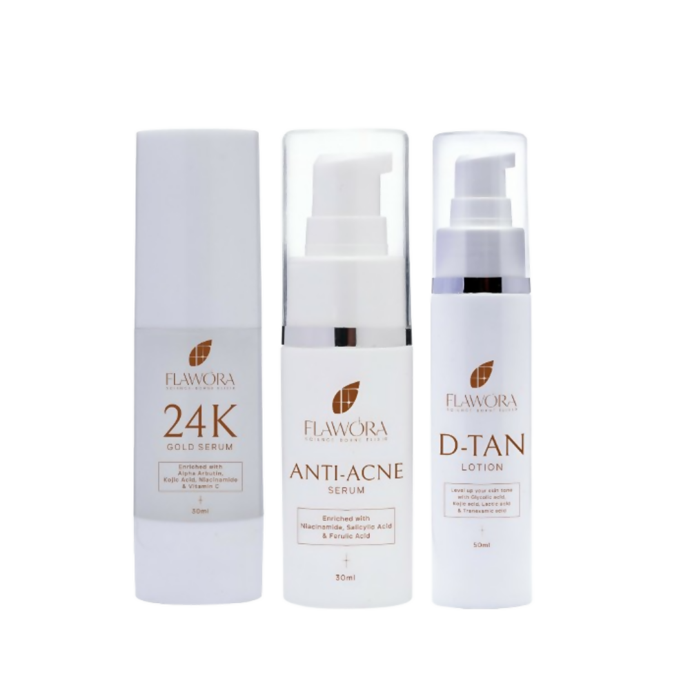 Flawora Set of D-Tan Lotion, Anti Acne Serum and Golden Glow Face Serum | Grocsy