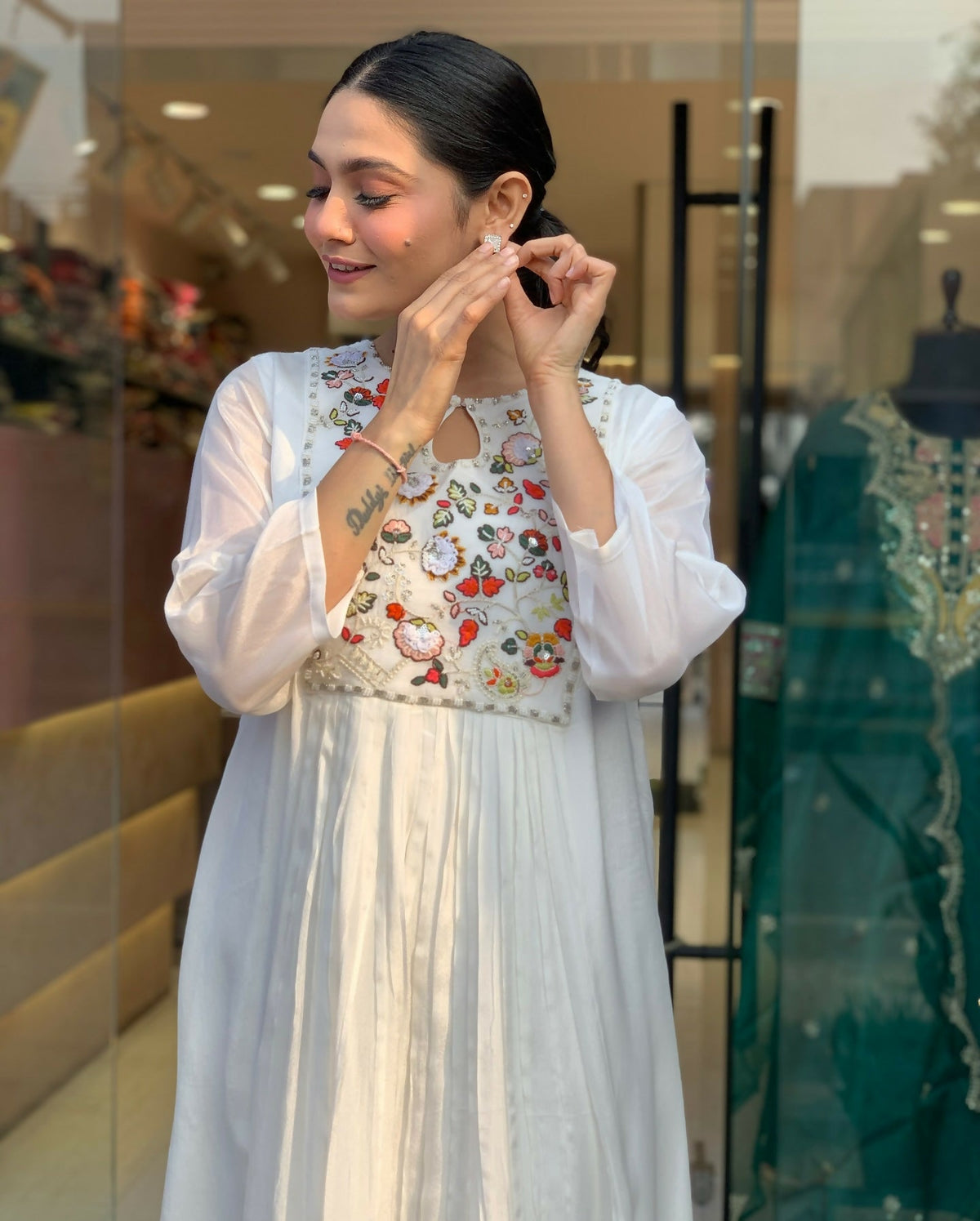 The52 White Women's Gorgeous Embroidered Viscose Chiffon Fabric Pleated Kurta Pant with Dupatta Set | Grocsy