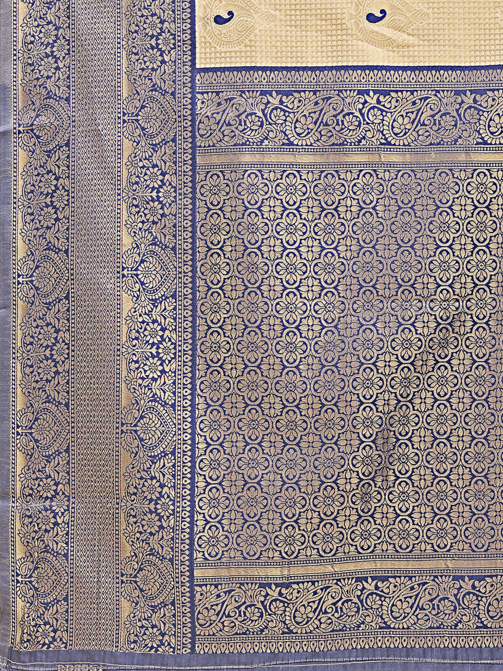 Shree Shyam Fashion Aura Silk Cream Navy Blue Banarasi Silk Saree | Grocsy