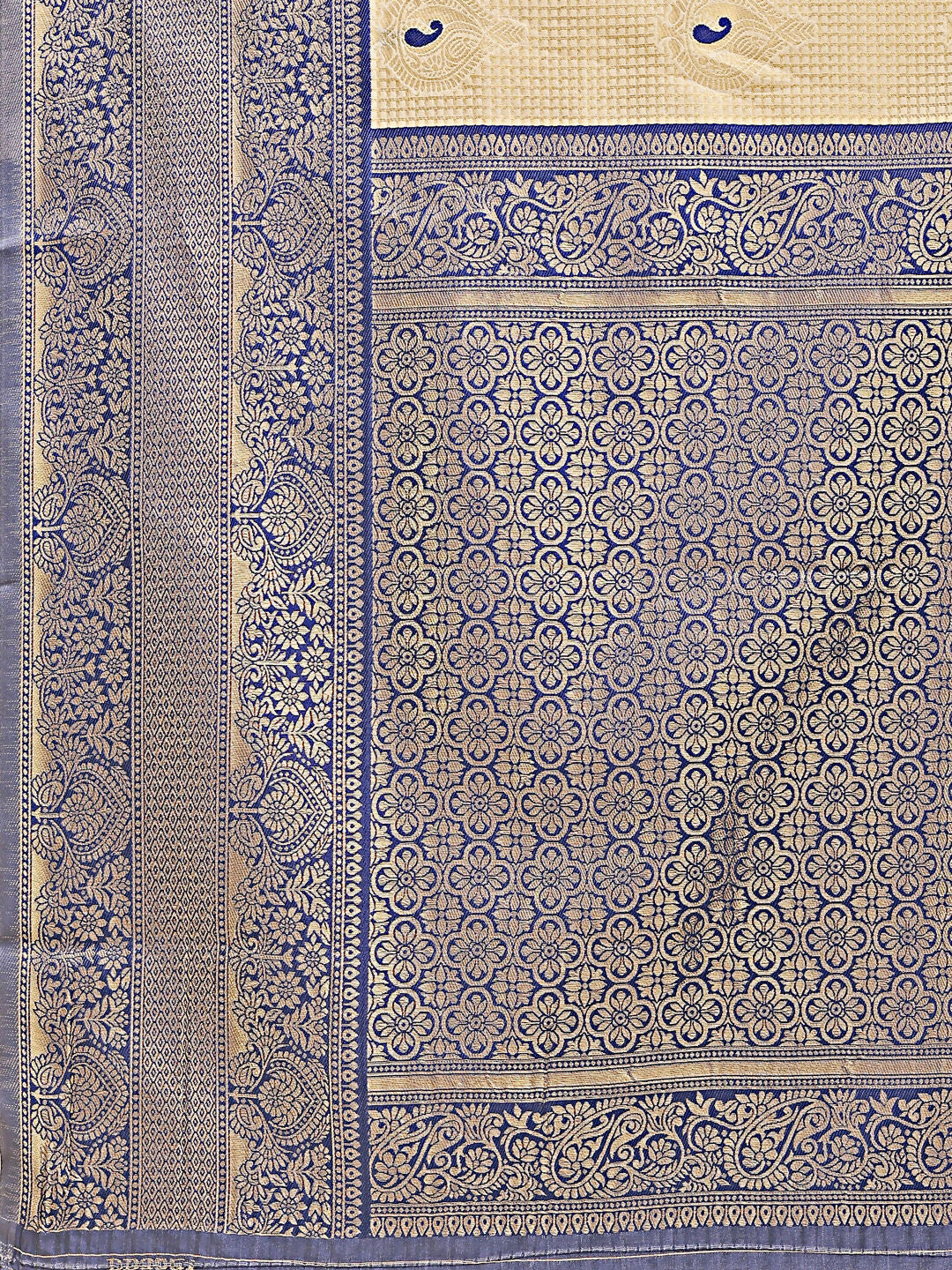 Shree Shyam Fashion Aura Silk Cream Navy Blue Banarasi Silk Saree | Grocsy