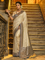 Anaita Off White Banarasi Saree With Blouse Piece | Grocsy