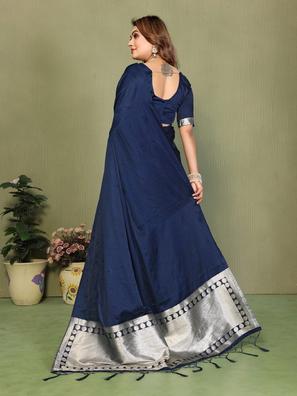 Anaita Navy Zari Weaving Work Satin Silk Saree With Blouse | Grocsy