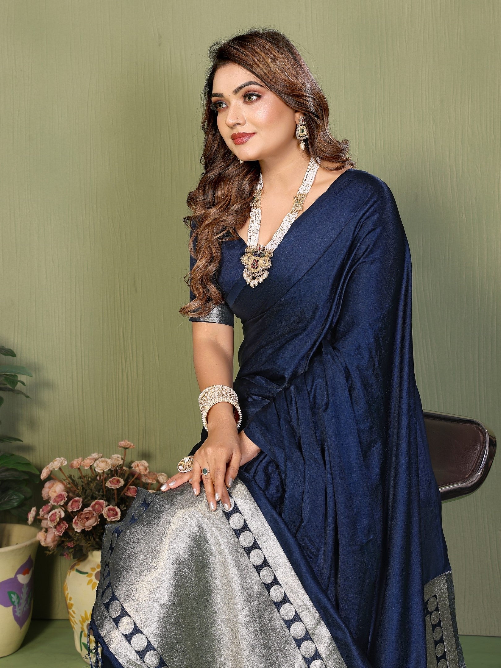 Anaita Navy Zari Weaving Work Satin Silk Saree With Blouse | Grocsy