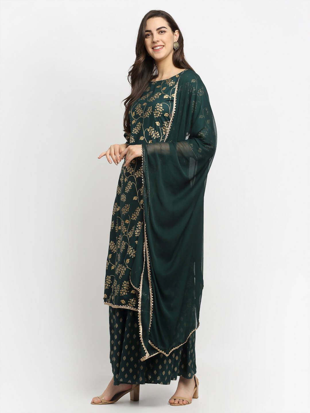 Rudra Bazaar Green Gold Printed Straight Kurta with Gold Printed Skirt & Dupatta | Grocsy