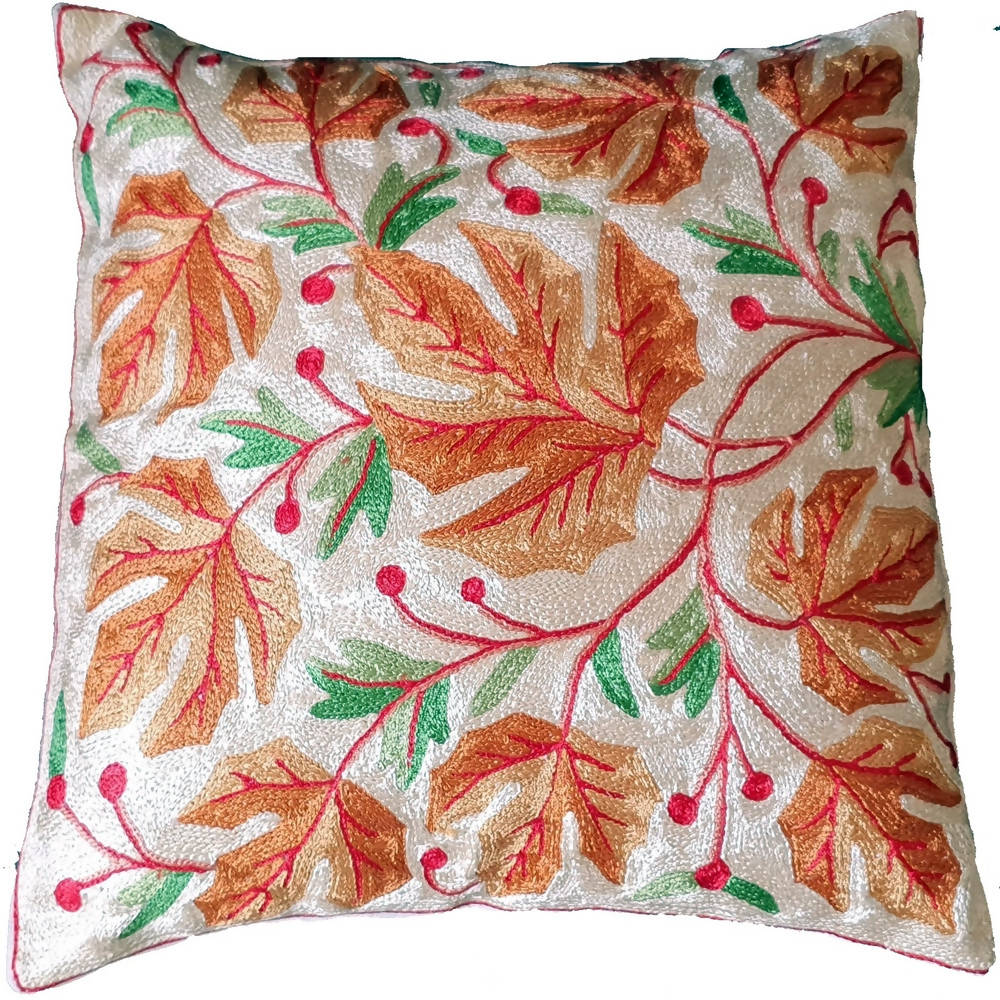 The Decor Nook Hand Embroidered Crewel Cushion Covers in Mustard Chinar Leaf Motif | Grocsy
