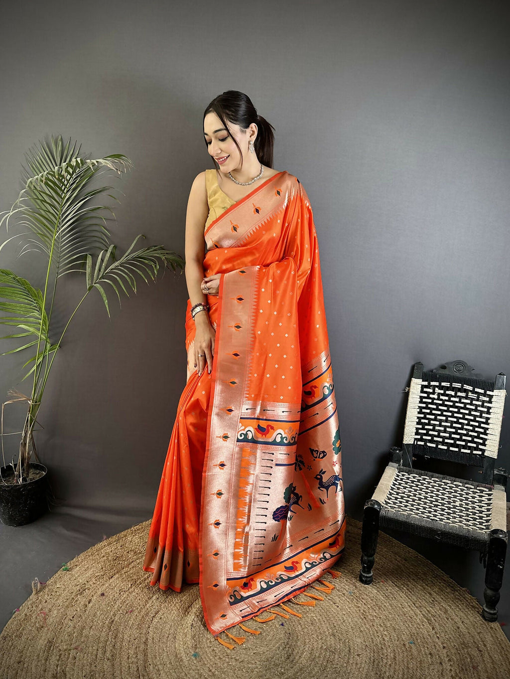 Joban Fashion Orange Peacock & Floral Motifs Soft Lichi Silk Kanchipuram Saree | Grocsy