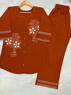 Teeya Creation Orange Embroidered Cotton Co-ord Set for Women | Grocsy