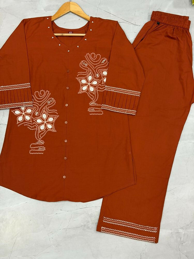 Teeya Creation Orange Embroidered Cotton Co-ord Set for Women | Grocsy