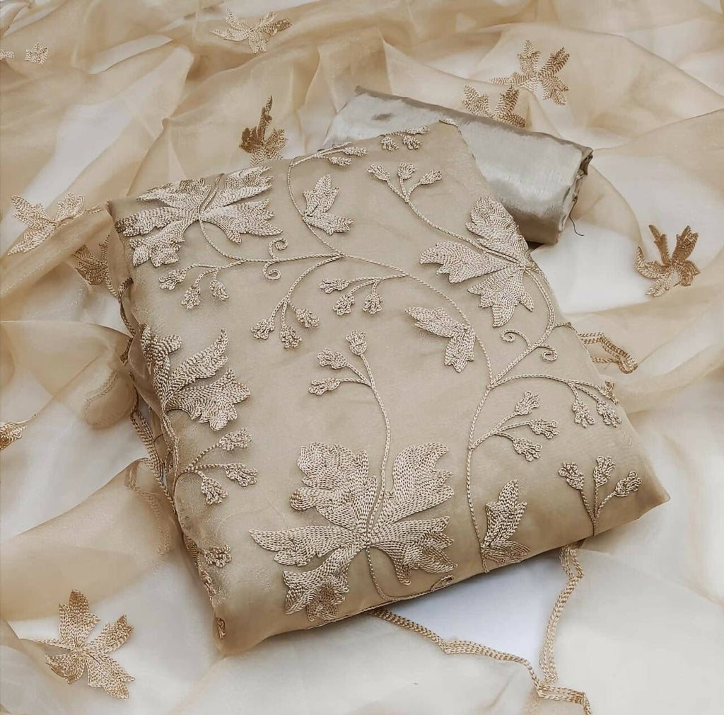 Beige Heavy Organza Silk Embroidered Unstitched Dress Material - Amara | Grocsy