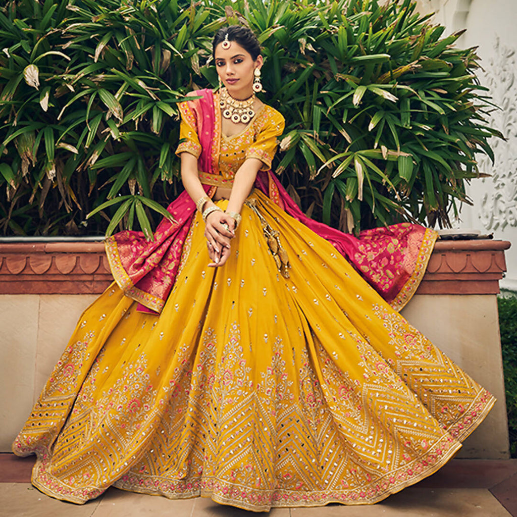 Yellow Heavy Viscose Khatli, Embroidery & Mirror Work Unstitched Lehenga Choli - Sisha Keshav | Grocsy