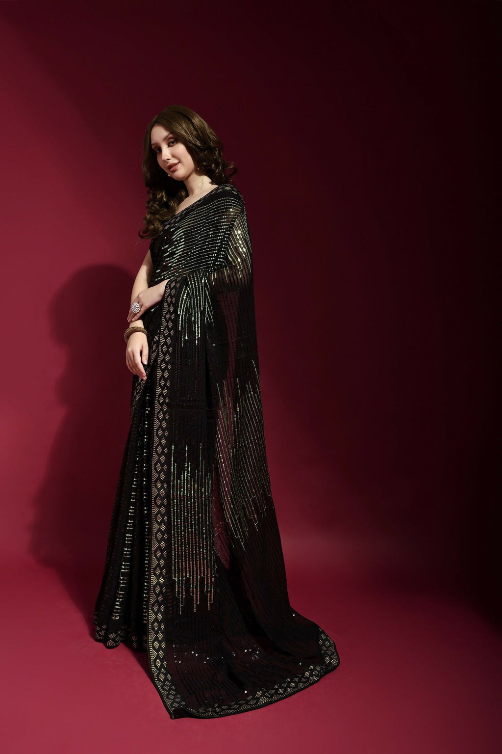 Vegaa Fashion Black Georgette Embroidered Party Wear Saree | Grocsy