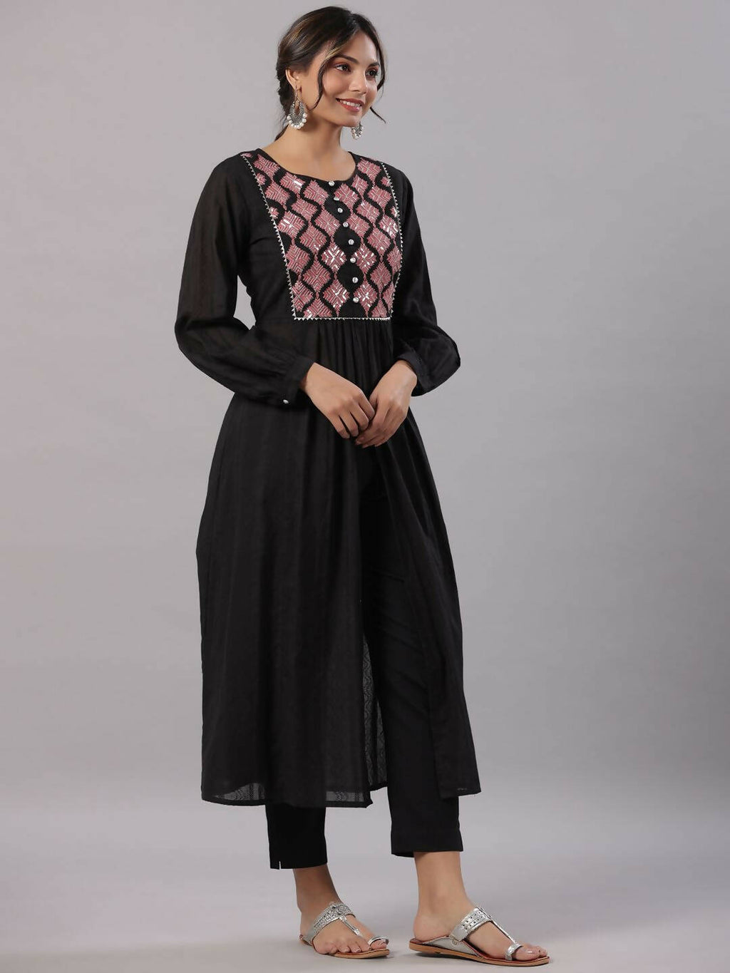 Juniper Women's Black Cotton Dobby Solid With Embroidery Flared Kurta Sets | Grocsy