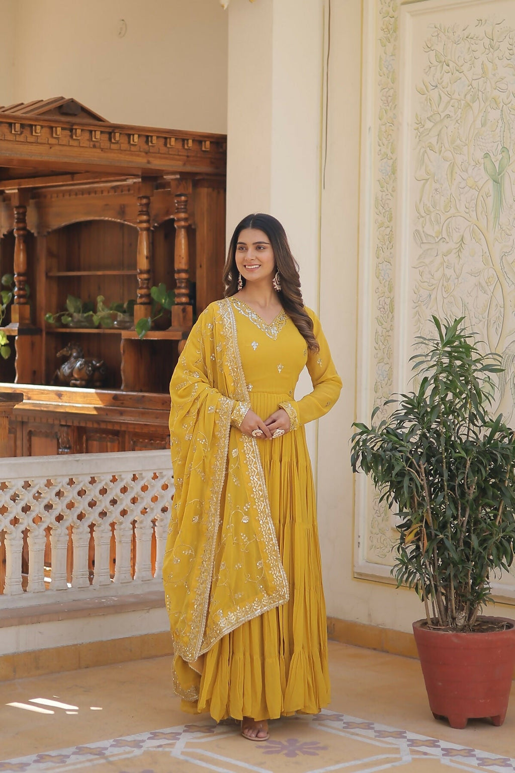 Joban Fashion Yellow Georgette Sequence Embroidery Work Kurta Set | Grocsy
