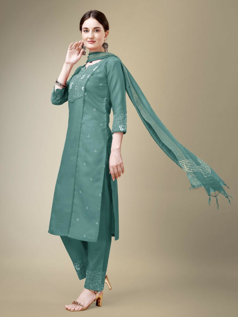 Jyoti Fashion Women's Teal Cotton Blend Embroidery & Fancy Lace work Kurta with Trouser & Dupatta | Grocsy