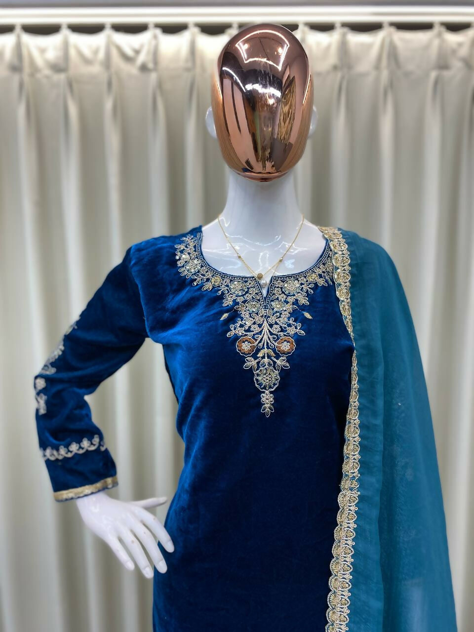 Vastranavya Teal Velvet Cording Sequence Embroidery Work Suit With Dupatta | Grocsy