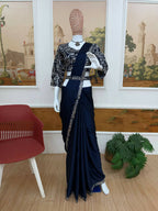 Teeya Creation Dark Blue Color Rangoli Silk Trending Ready To Wear Saree With Belt | Grocsy
