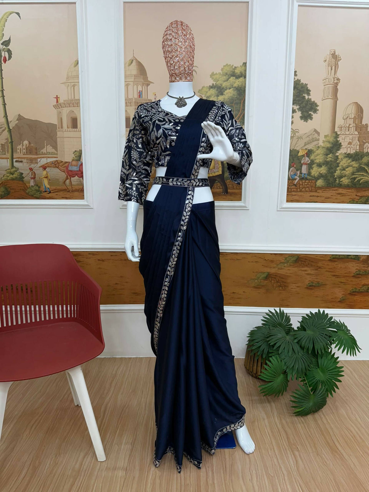 Teeya Creation Dark Blue Color Rangoli Silk Trending Ready To Wear Saree With Belt | Grocsy