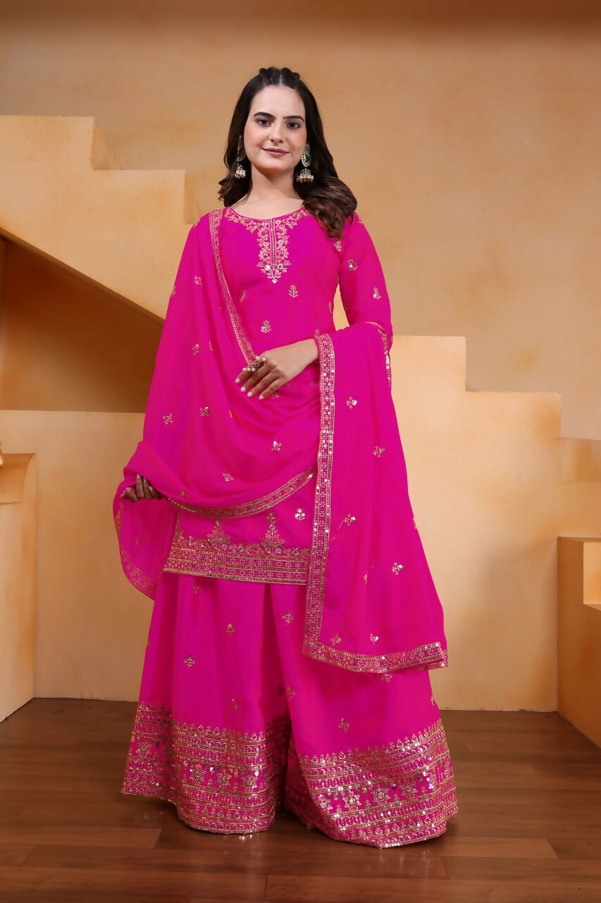 Teeya Creation Pink Color Chinon Silk Wedding Wear Trending Palazzo Set | Grocsy