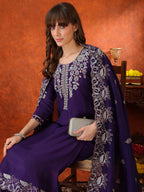 Hand Embroidered Kurta With Pant & Embroidered Dupatta, Purple - Hiral Fashion | Grocsy
