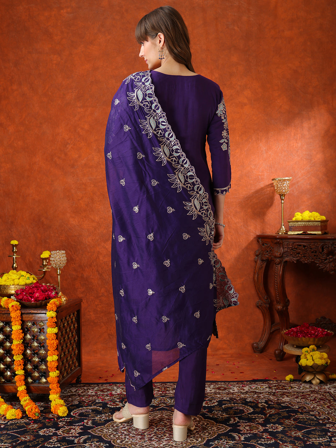 Hand Embroidered Kurta With Pant & Embroidered Dupatta, Purple - Hiral Fashion | Grocsy